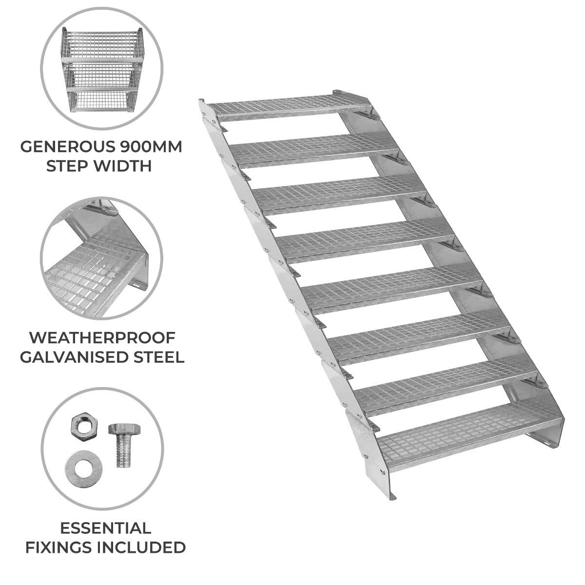 Adjustable 8 Section Galvanised Staircase - 900mm Wide