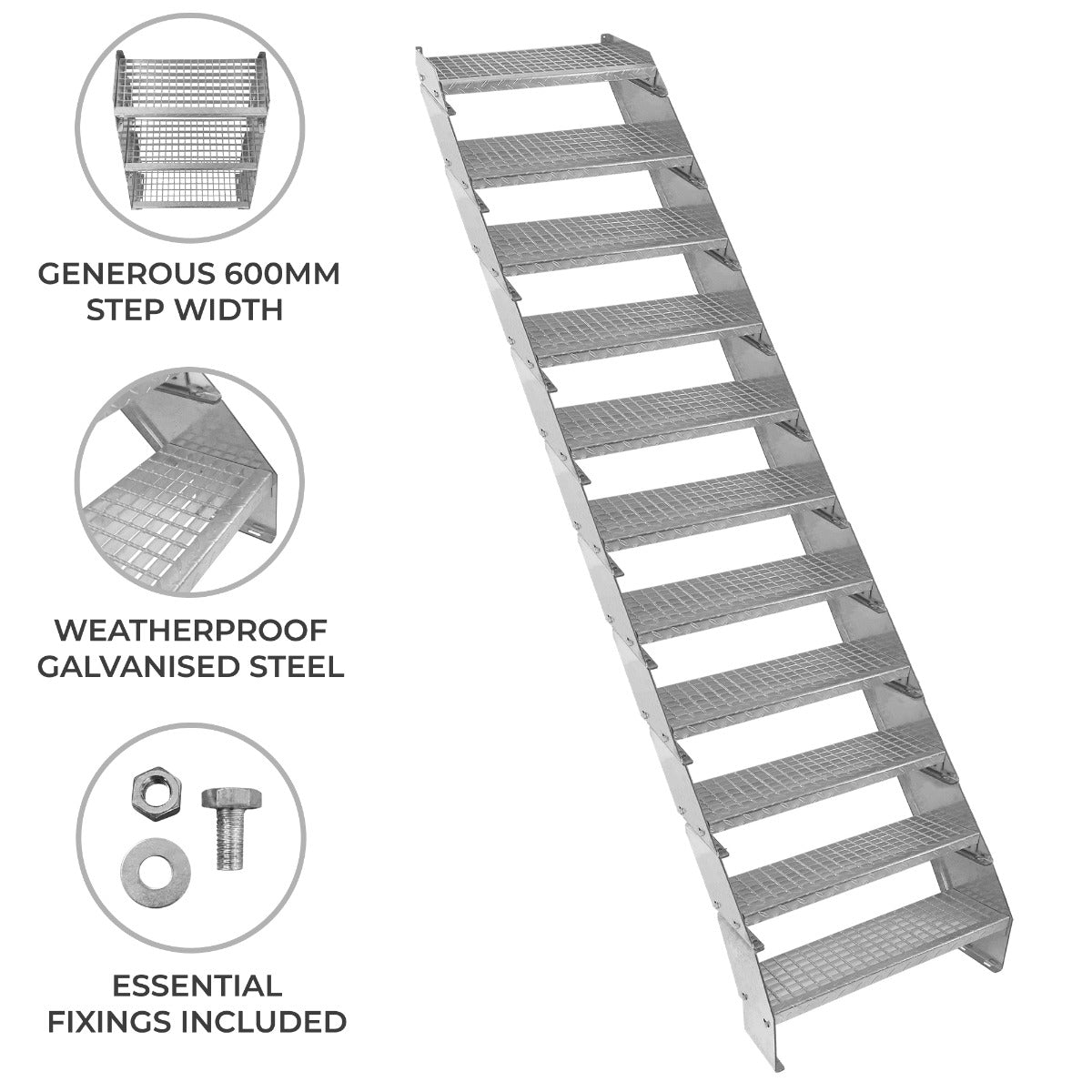 Adjustable 11 Section Galvanised Staircase - 600mm Wide