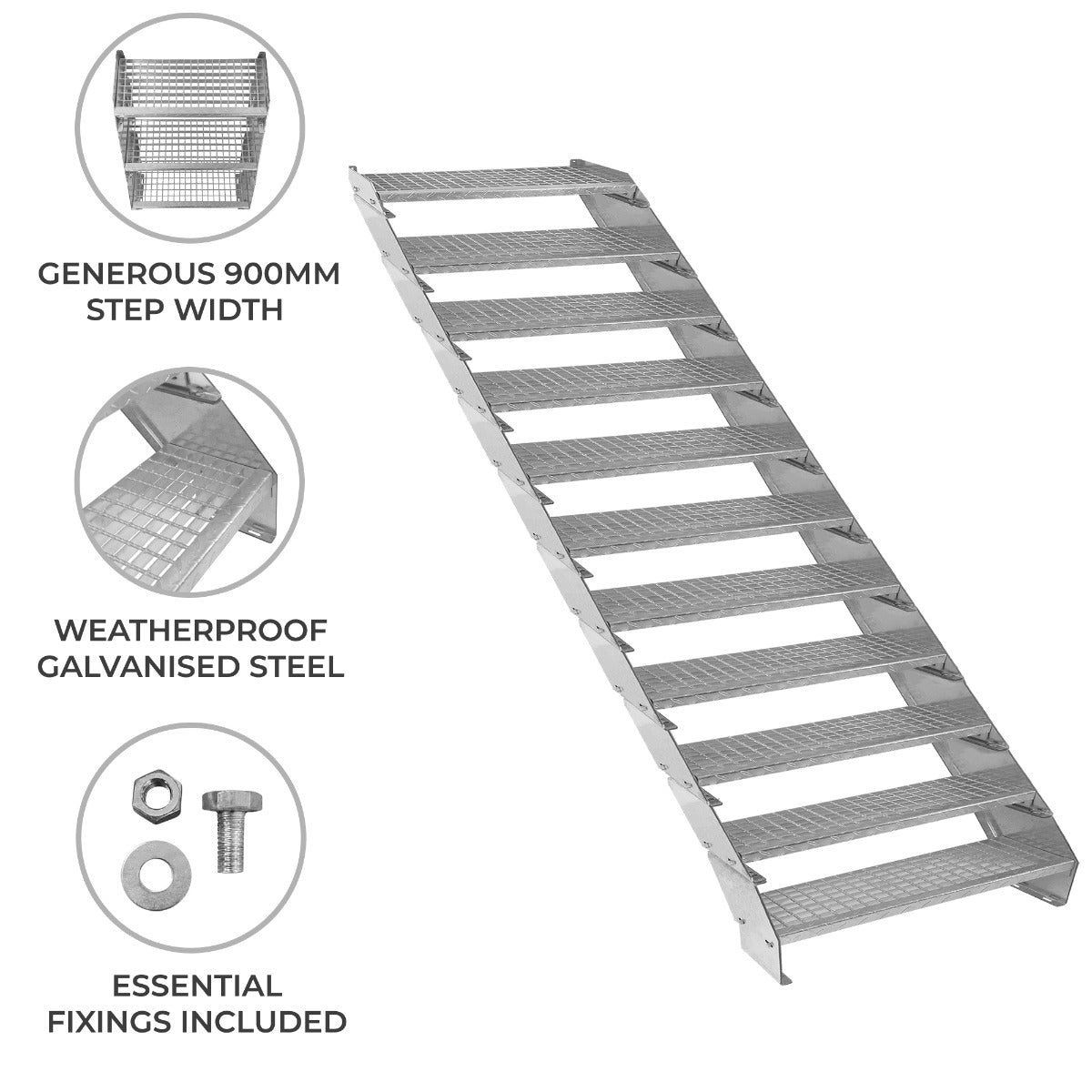 Adjustable 11 Section Galvanised Staircase - 900mm Wide