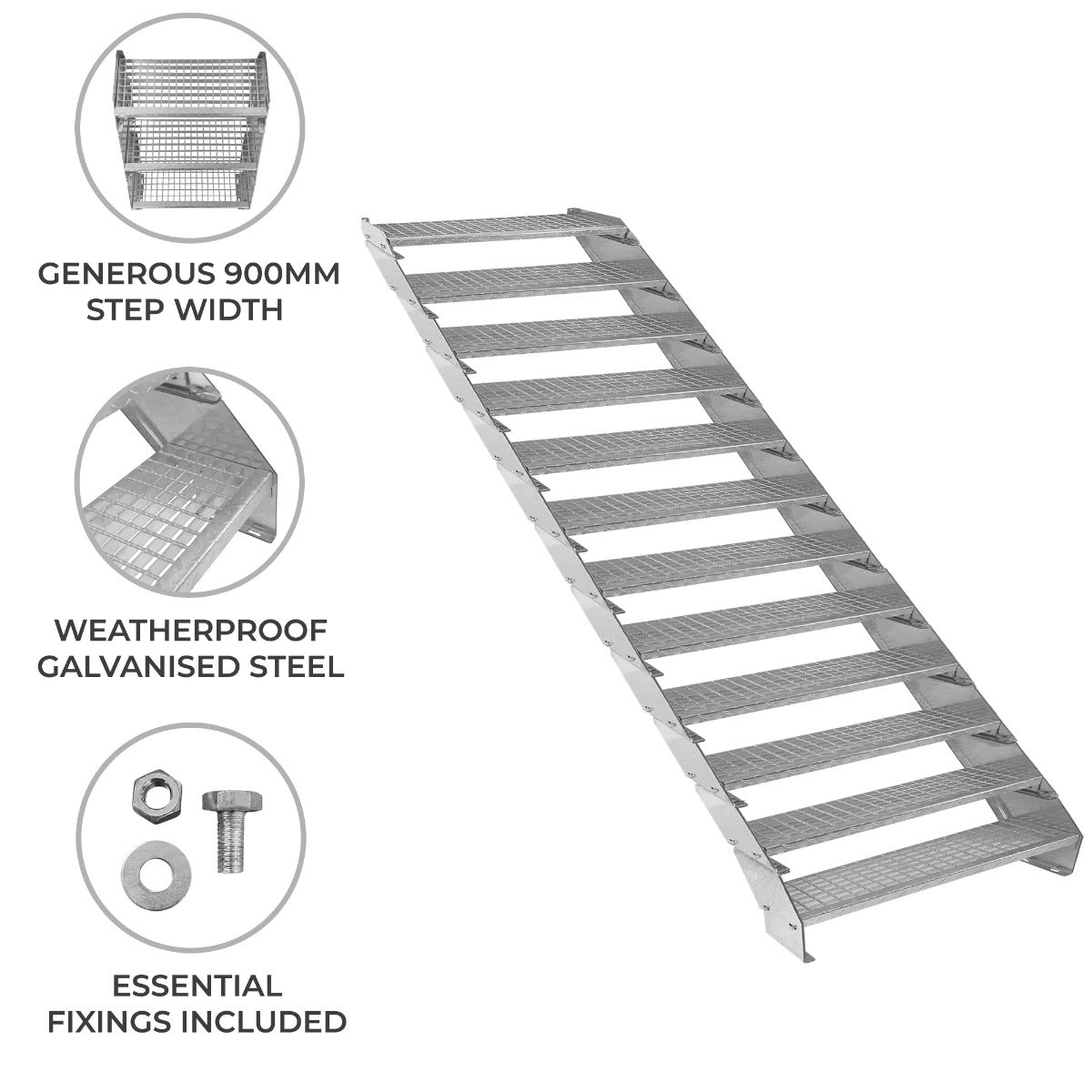 Adjustable 12 Section Galvanised Staircase - 900mm Wide