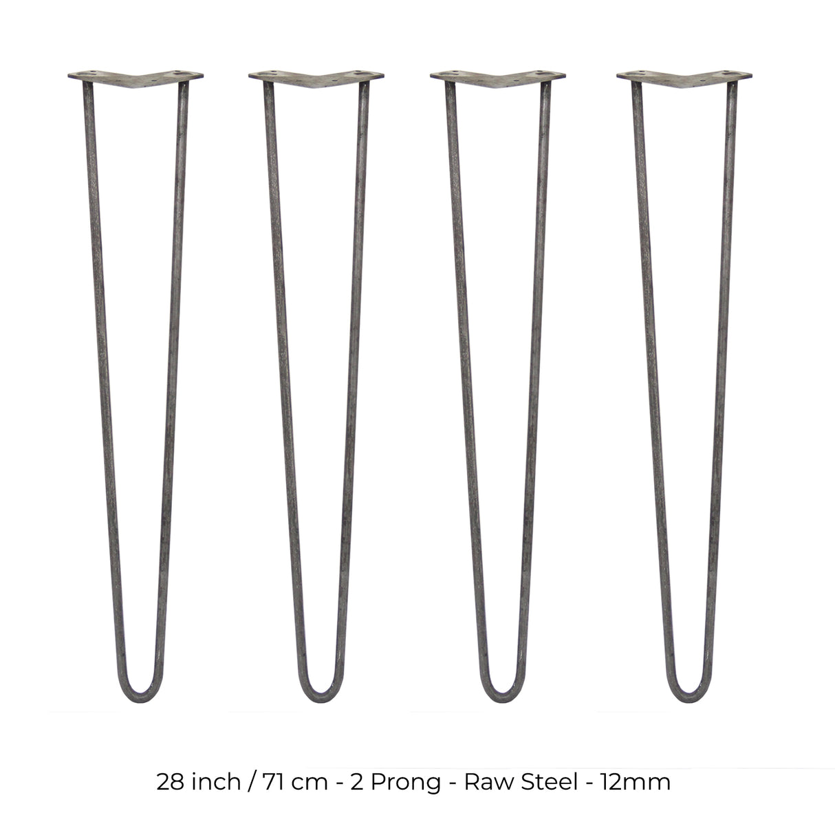 4 x 28" Hairpin Legs - 2 Prong - 12mm - Raw Steel