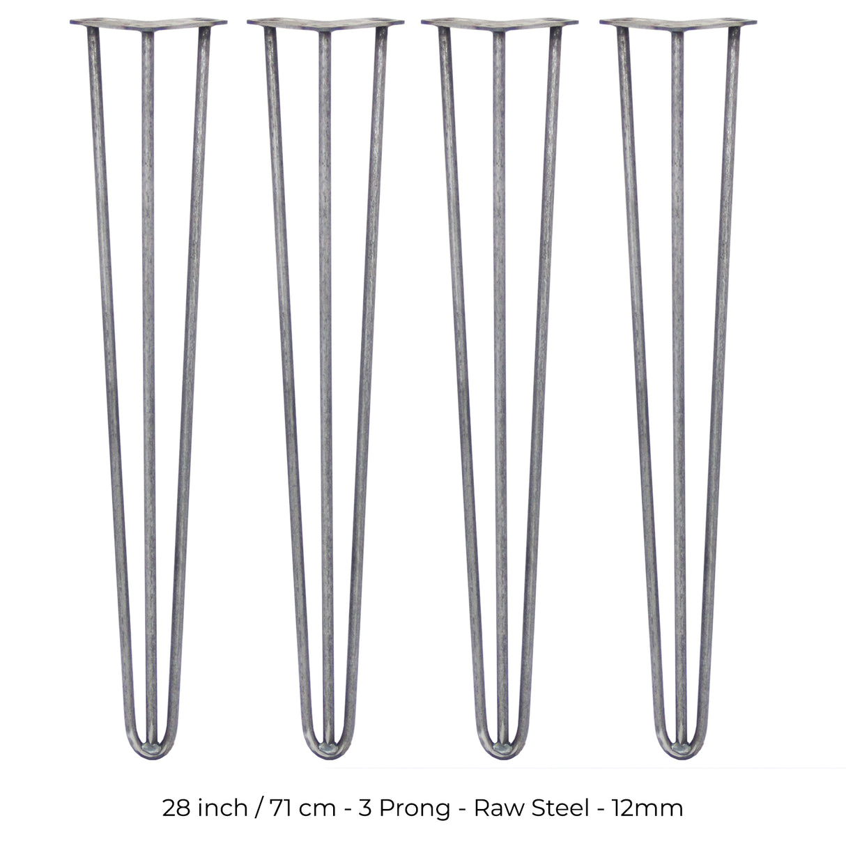 4 x 28" Hairpin Legs - 3 Prong - 12mm - Raw Steel