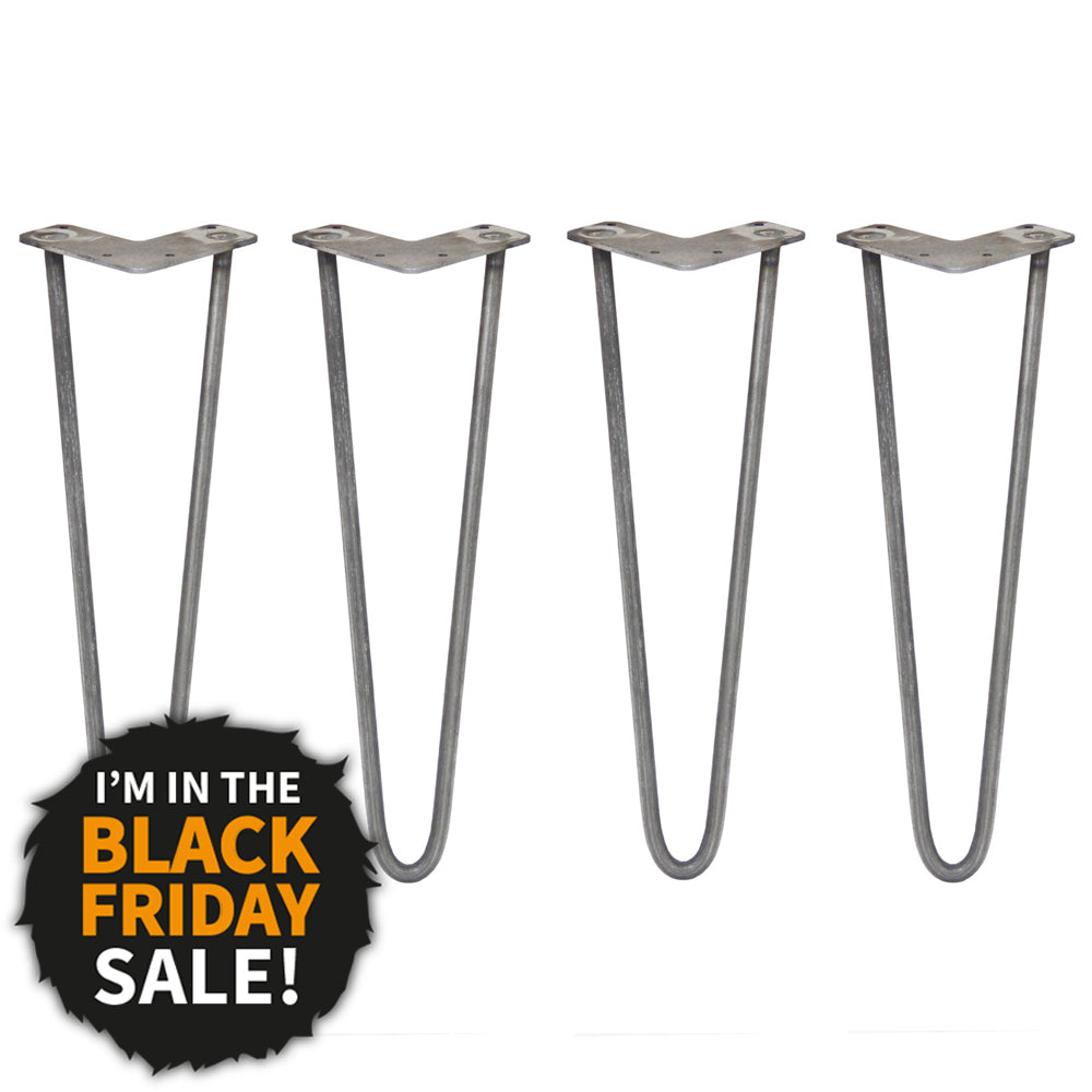4 x 16" Hairpin Legs - 2 Prong - 12mm - Raw Steel