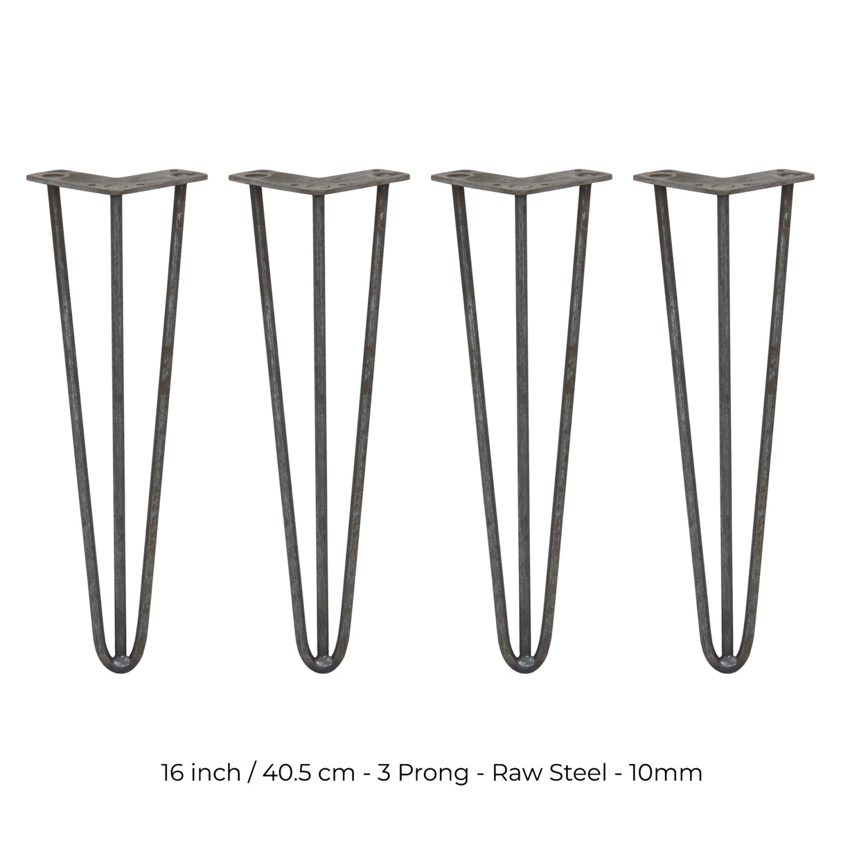 4 x 16" Hairpin Legs - 3 Prong - 10mm - Raw Steel