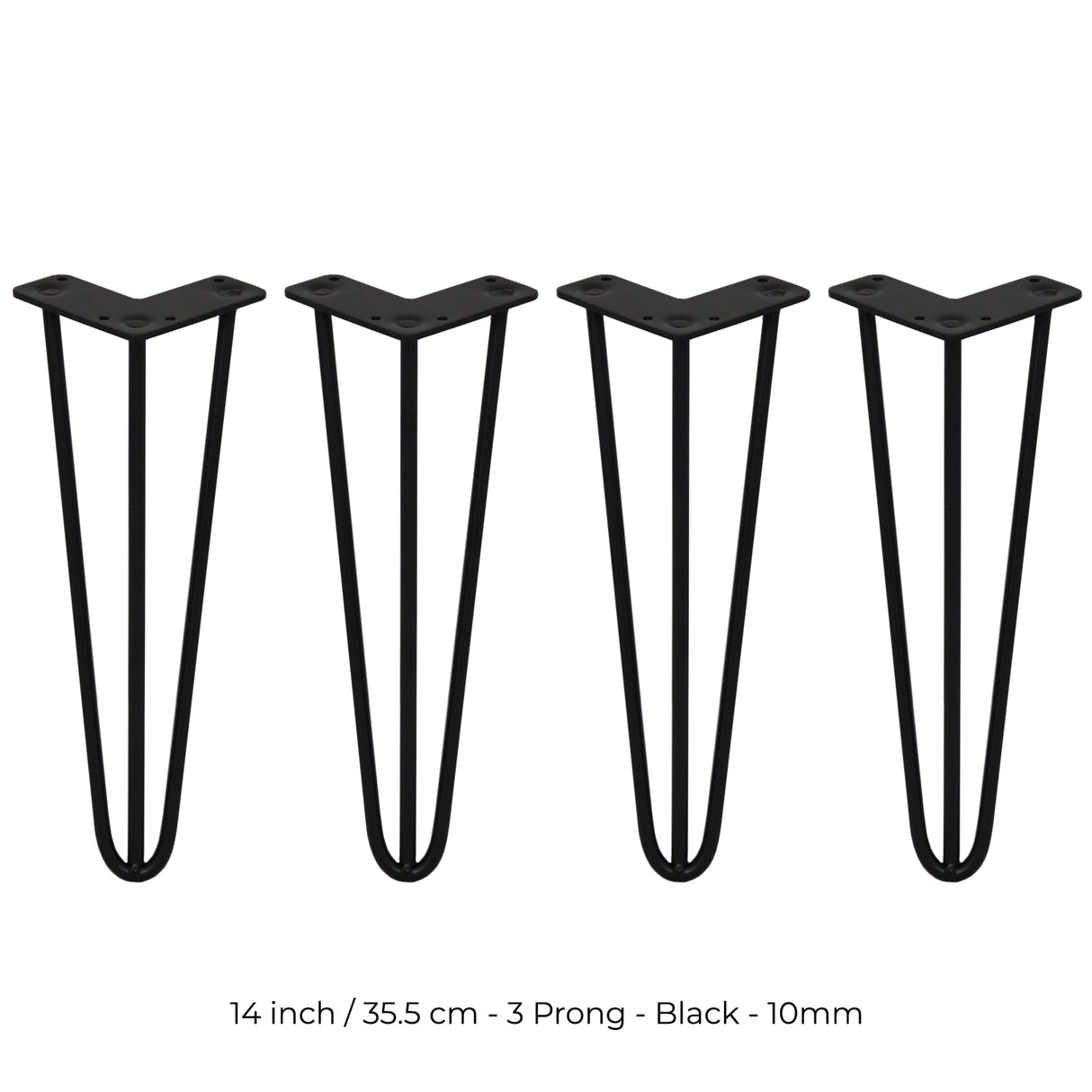 4 x 14" Hairpin Legs - 3 Prong - 10mm - Black