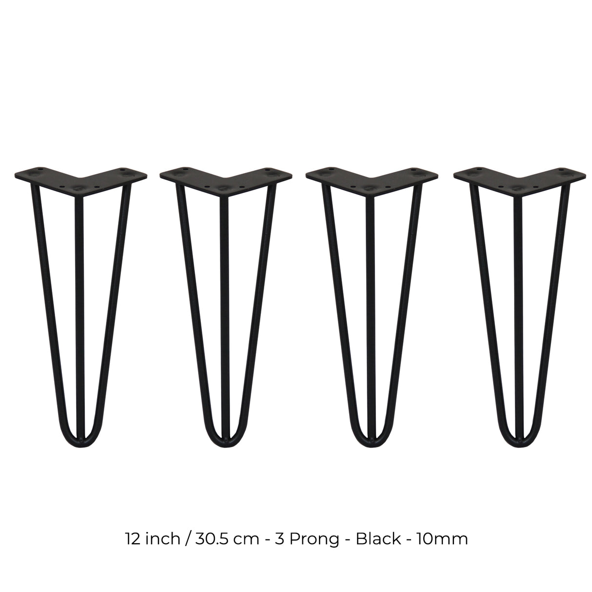 4 x 12" Hairpin Legs - 3 Prong - 10mm - Black