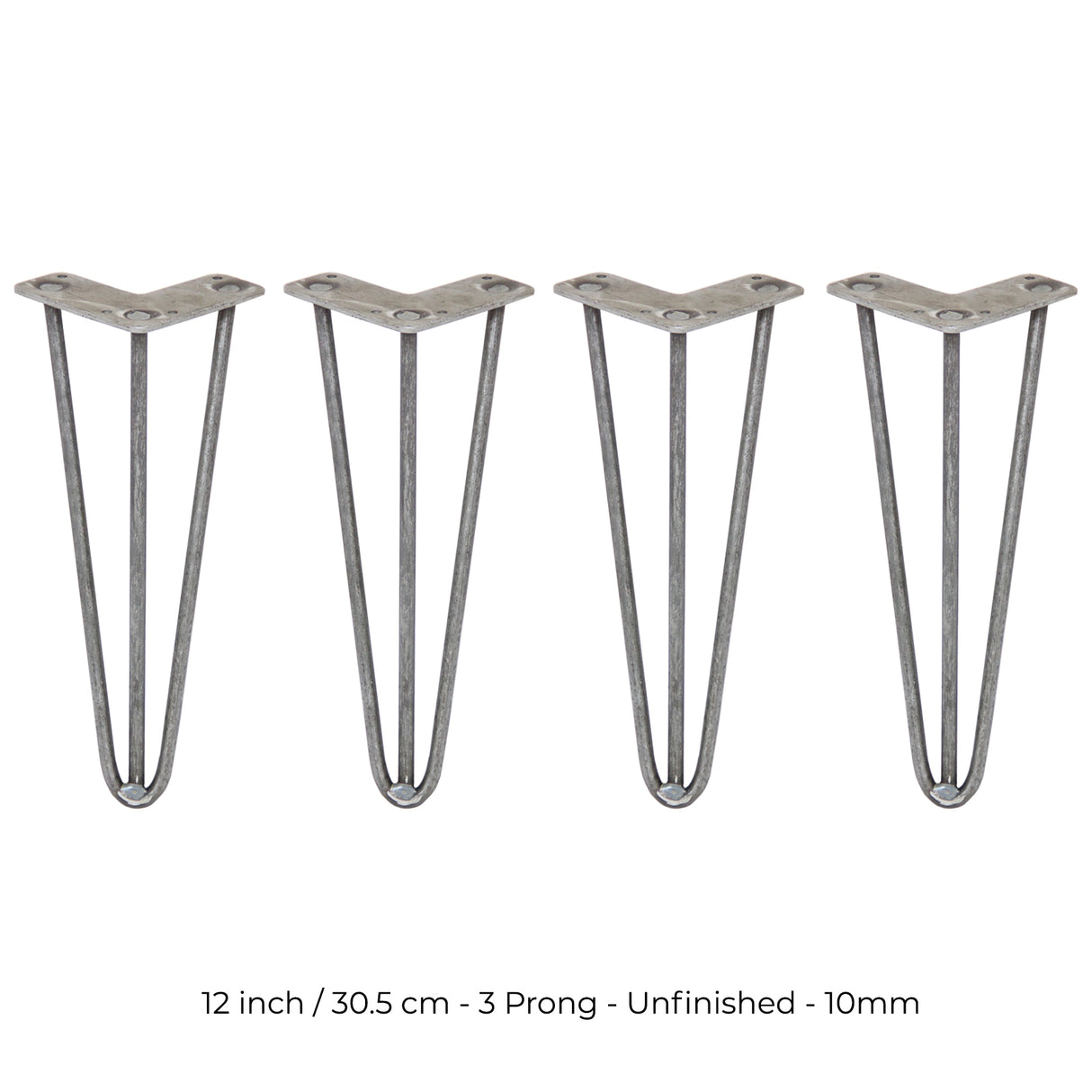 4 x 12" Hairpin Legs - 3 Prong - 10mm - Raw Steel
