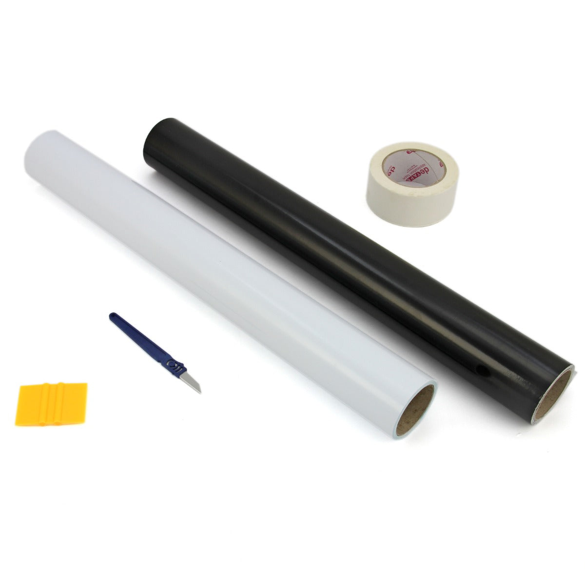 Two rolls of vinyl in black and white, a squeegee, a craft knife, and transfer tape, ideal for precise crafting and weeding tasks