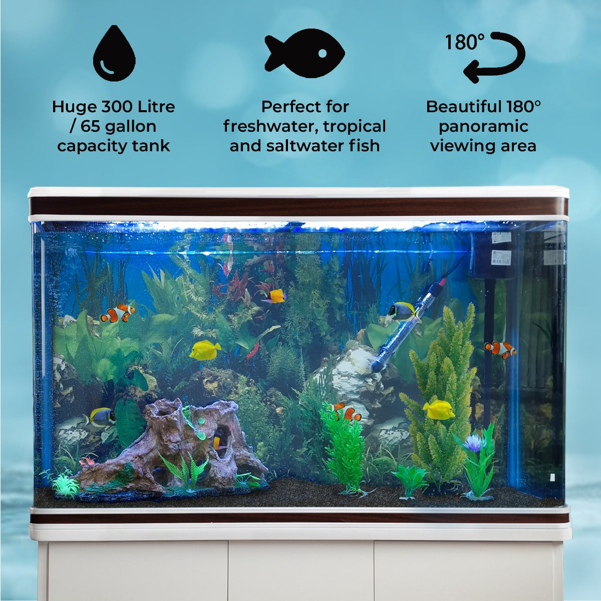 Aquarium Fish Tank & Cabinet with Complete Starter Kit - White Tank & Black Gravel