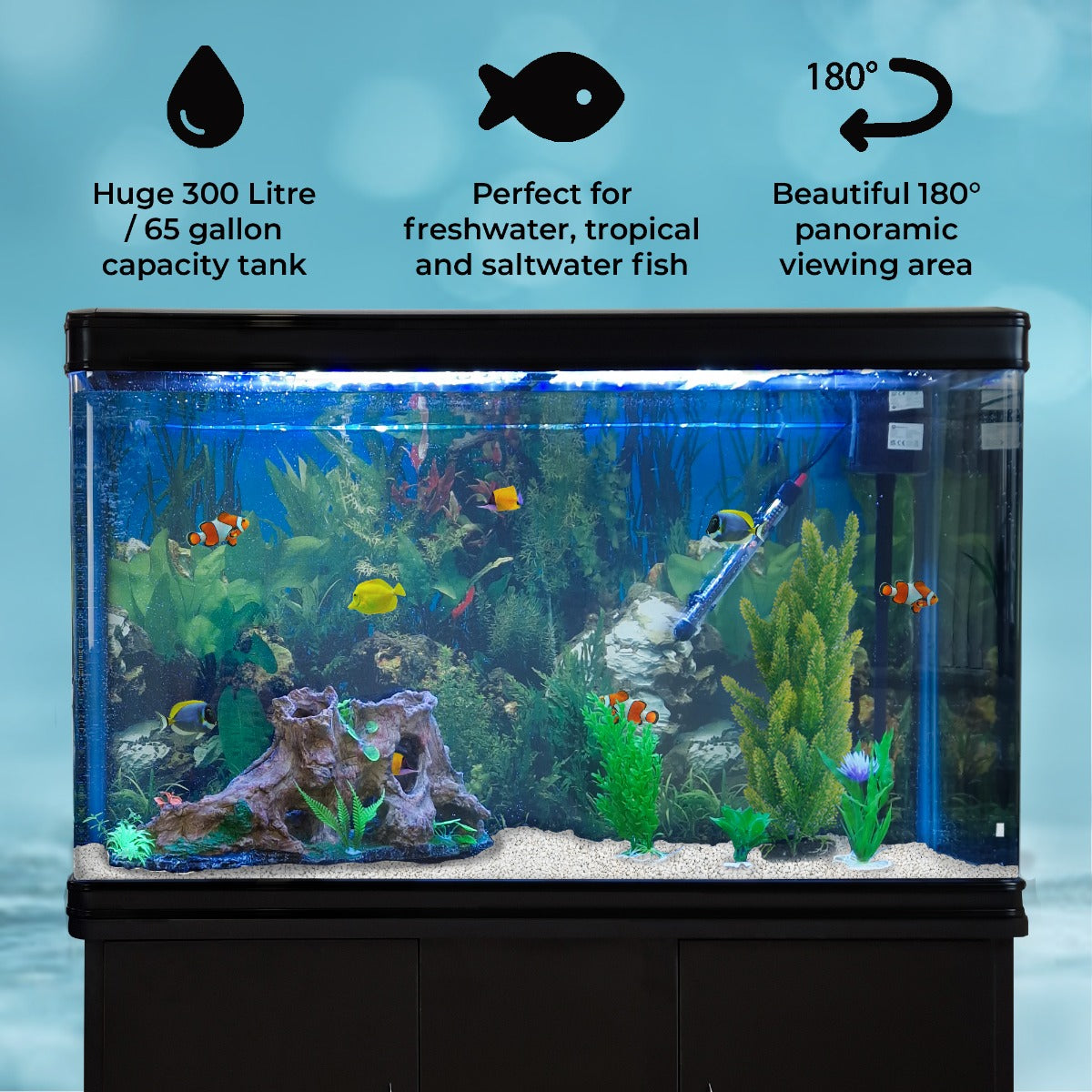 Aquarium Fish Tank & Cabinet with Complete Starter Kit - Black Tank & White Gravel