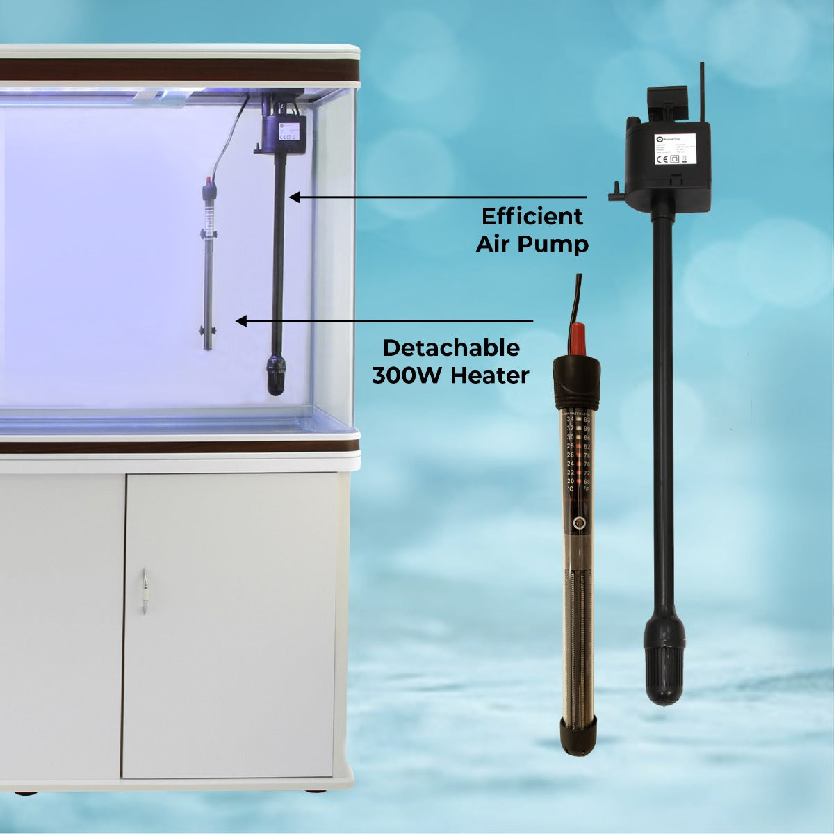 Aquarium Fish Tank & Cabinet with Complete Starter Kit - White Tank & Blue Gravel