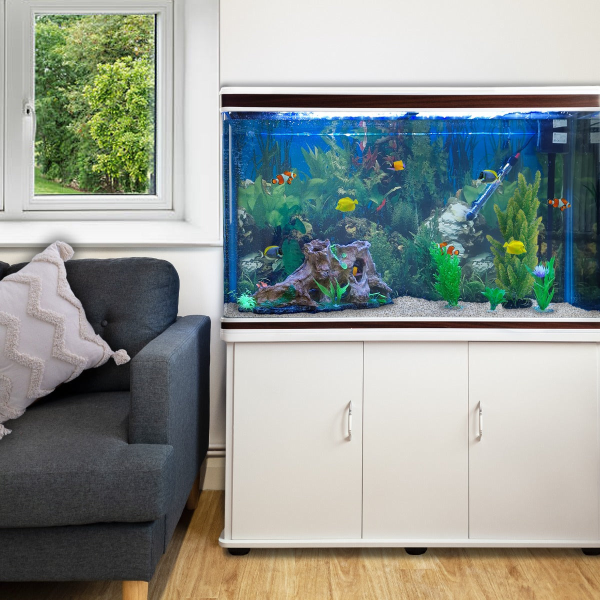Aquarium Fish Tank & Cabinet with Complete Starter Kit - White Tank & White Gravel - EU Plug