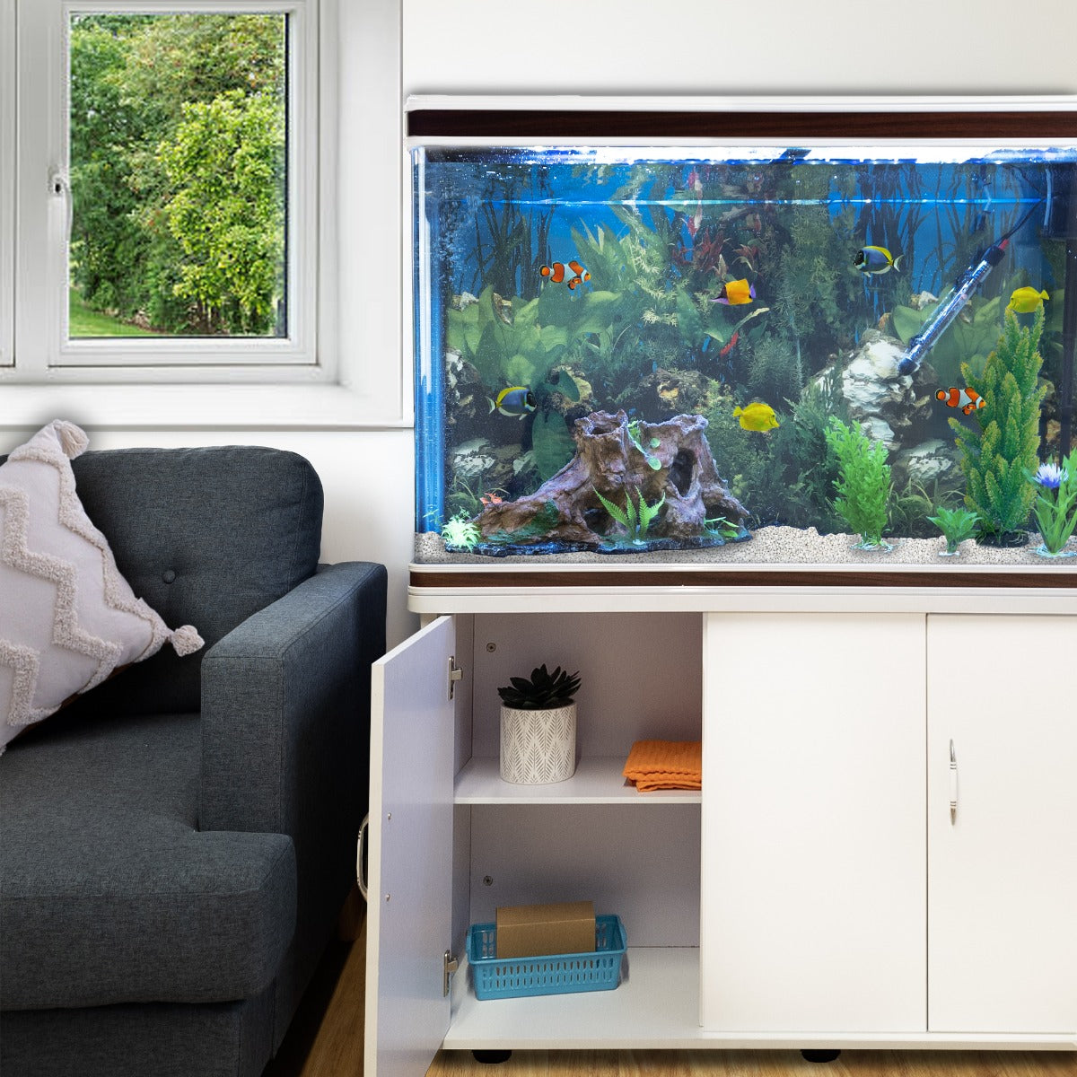 Aquarium Fish Tank & Cabinet with Complete Starter Kit - White Tank & White Gravel - EU Plug