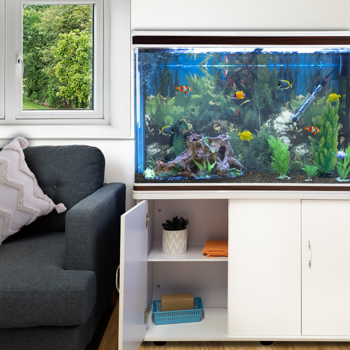 Aquarium Fish Tank & Cabinet with Complete Starter Kit - White Tank & Black Gravel - EU Plug