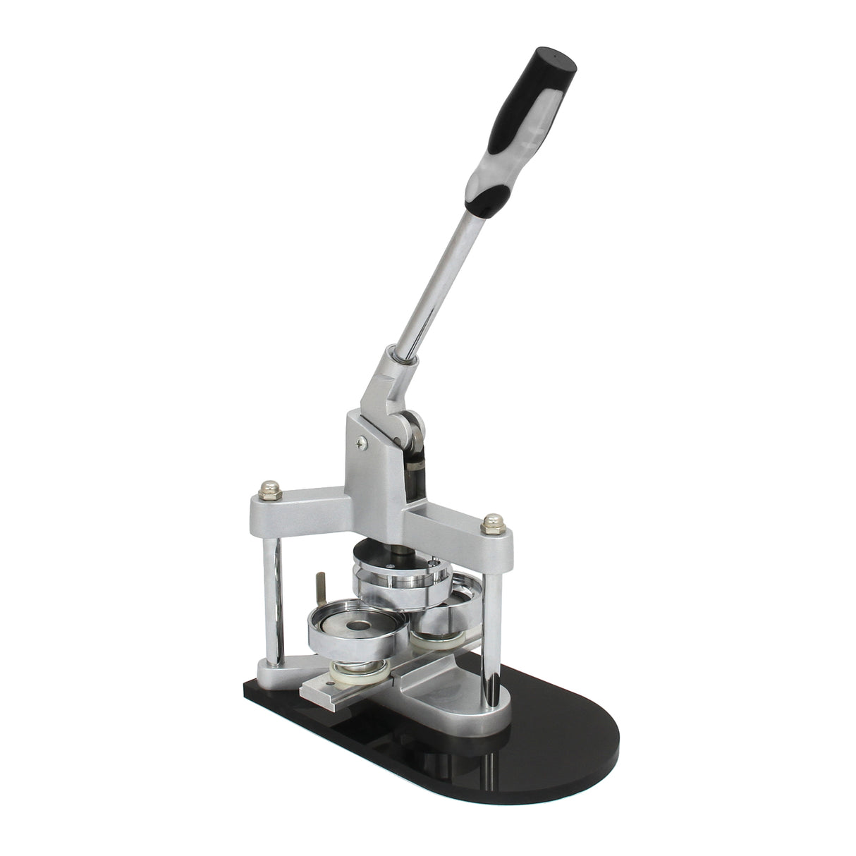Silver and black PixMax 58mm pocket mirror badge press and cutter with a sturdy handle and base for easy use and precision cutting