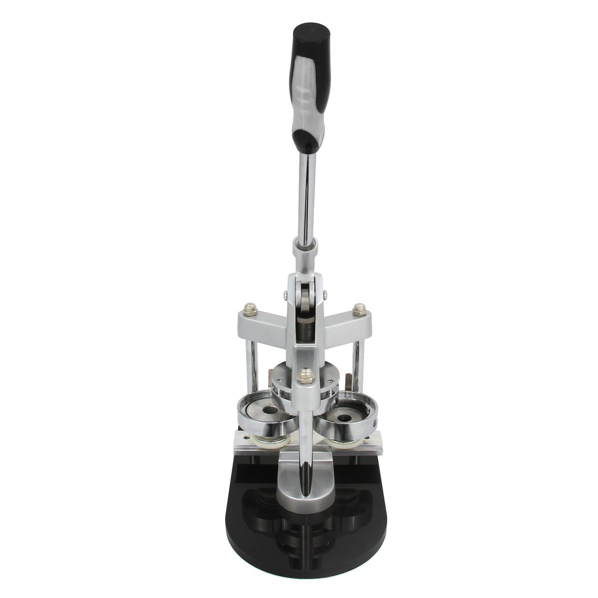 Sturdy silver and black PixMax 37mm badge press with a lever handle, designed for cutting and pressing custom badges and pins