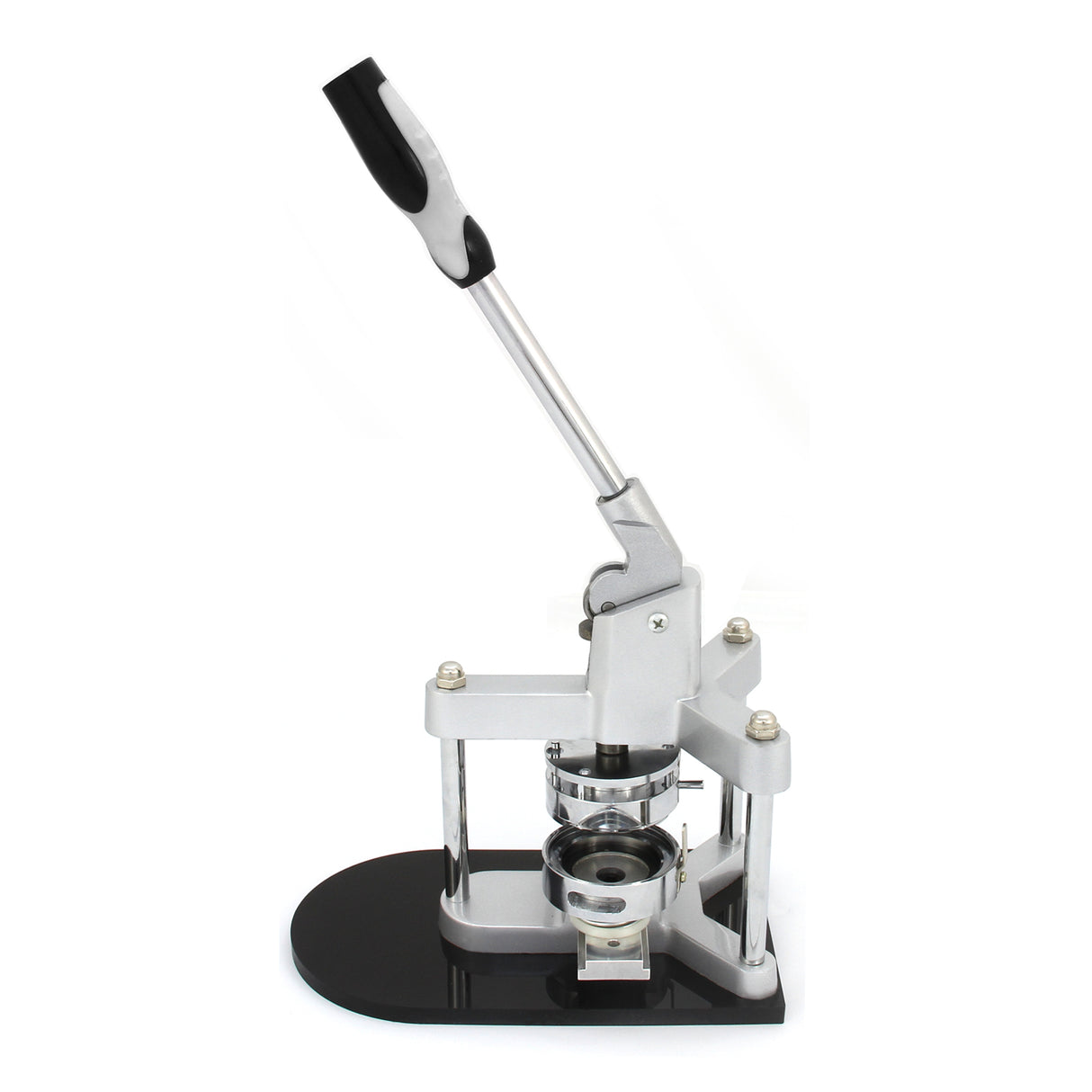 Silver and black PixMax 37mm badge press with a sturdy handle, designed for cutting and pressing custom badges and buttons
