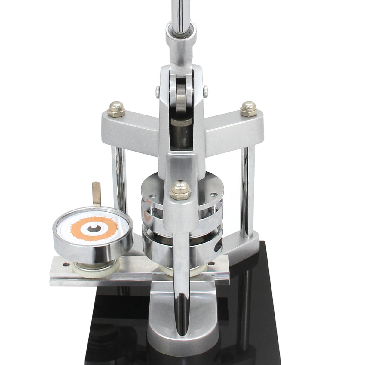 Silver and black PixMax 58mm pocket mirror badge press and cutter with a circular cutting area and adjustable lever for easy use
