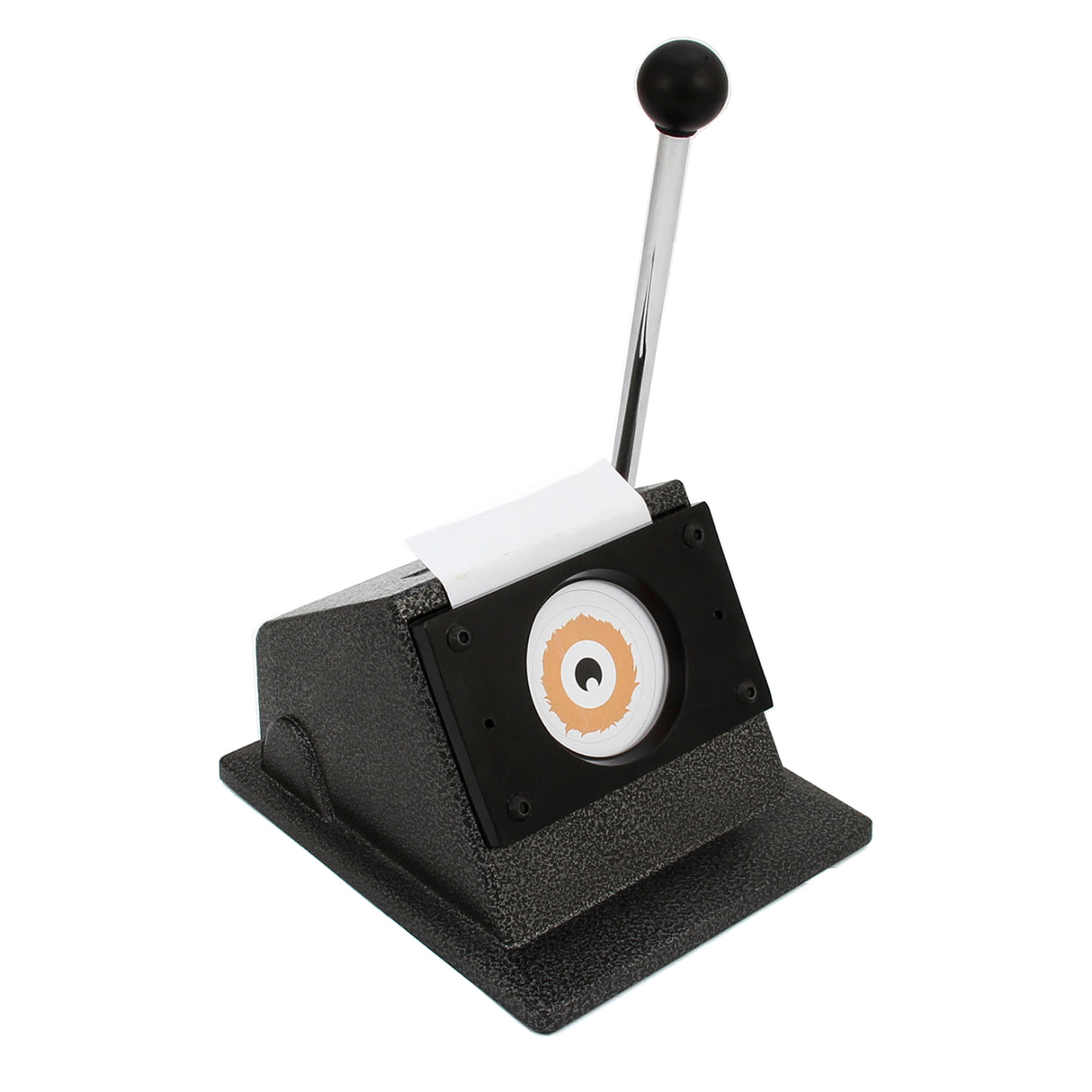Heavy-duty black badge press with a shiny lever, featuring a circular cutter for 37mm badges, designed for easy operation