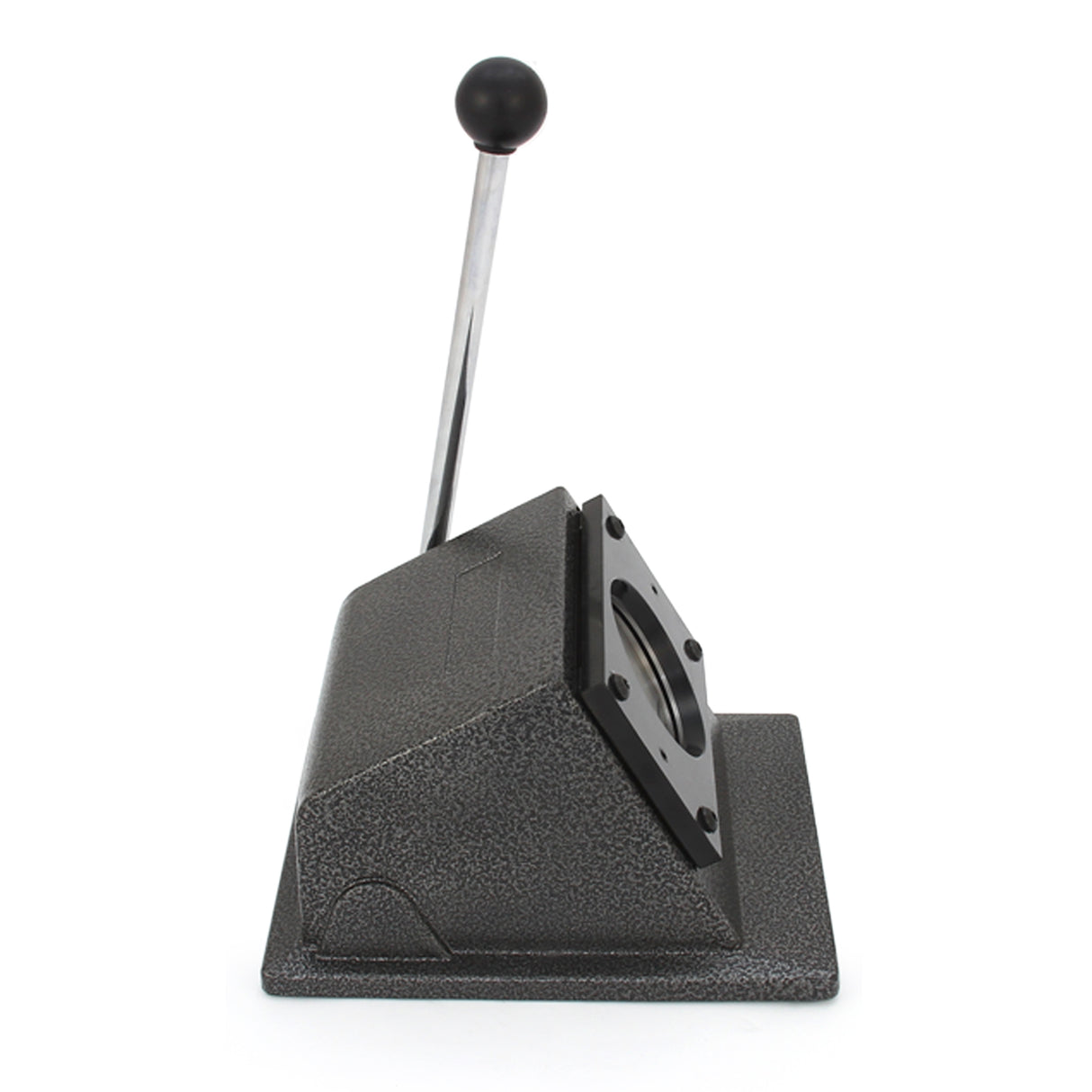 Compact black badge press with a shiny silver handle, designed for creating 58mm pocket mirrors and badges, featuring a sturdy base