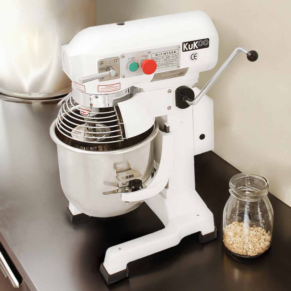 White commercial planetary food mixer with a stainless steel bowl, spiral whisk, and control panel featuring red and green buttons