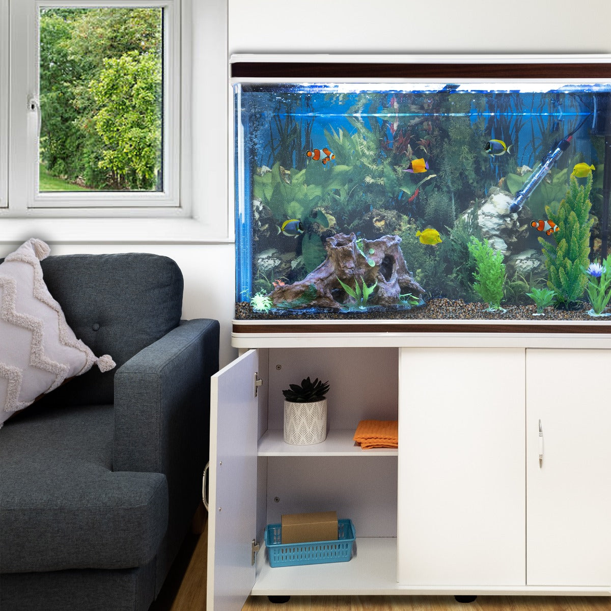Aquarium Fish Tank & Cabinet with Complete Starter Kit - White Tank & Natural Gravel