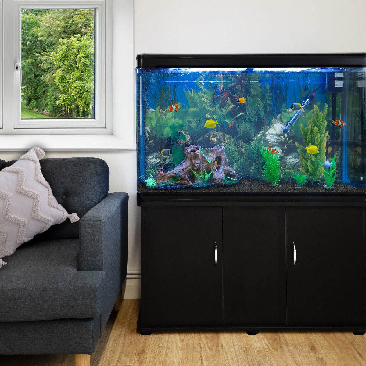 Aquarium Fish Tank & Cabinet with Complete Starter Kit - Black Tank & Black Gravel - EU Plug