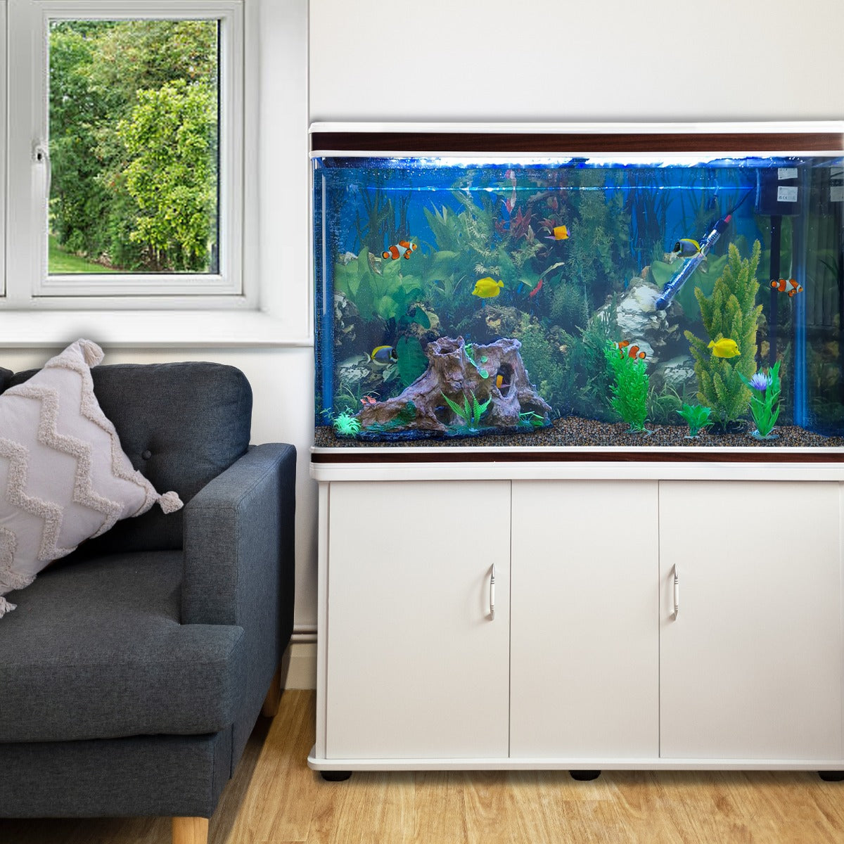 Aquarium Fish Tank & Cabinet with Complete Starter Kit - White Tank & Natural Gravel