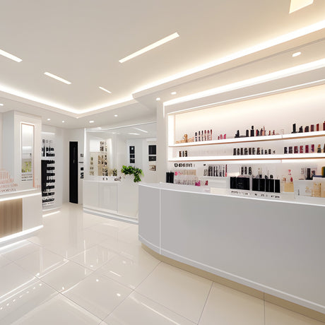 Modern retail space featuring sleek white shelves, glossy tiles, and well-organized beauty products under bright lighting