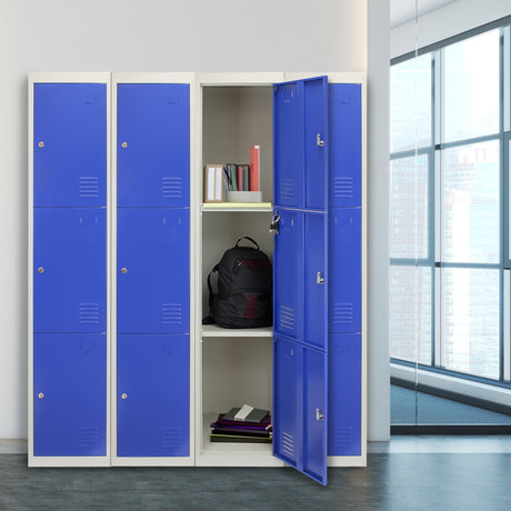 Bright blue metal lockers with open door showcasing shelves, a black backpack, and colorful folders in a modern office setting