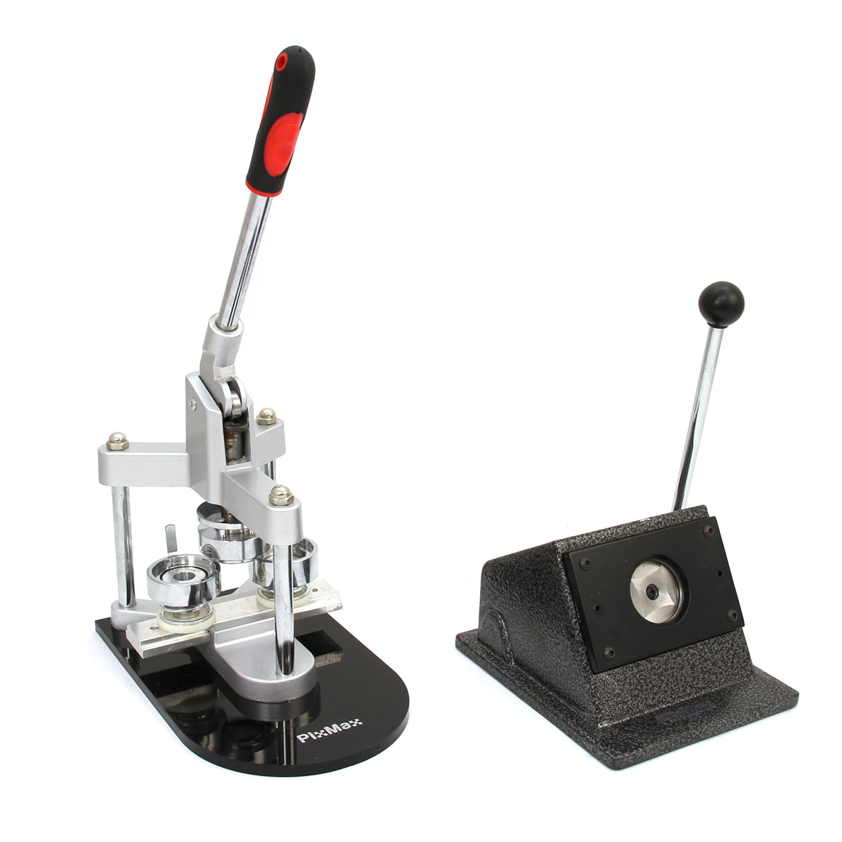 Metal badge maker with a sturdy base, featuring a lever and a black handle, alongside a circular punch tool for crafting badges