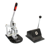 Metal badge maker with a sturdy base, featuring a lever and a black handle, alongside a circular punch tool for crafting badges