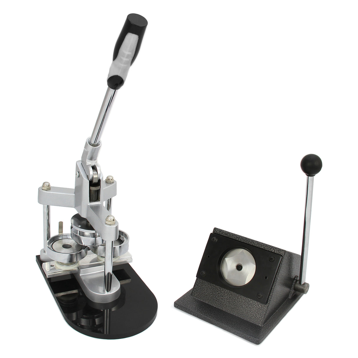 Metal badge maker with a sleek black base, silver lever, and circular molds, accompanied by a sturdy stand for easy use
