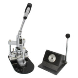 Metal badge maker with a sleek black base, silver lever, and circular molds, accompanied by a sturdy stand for easy use