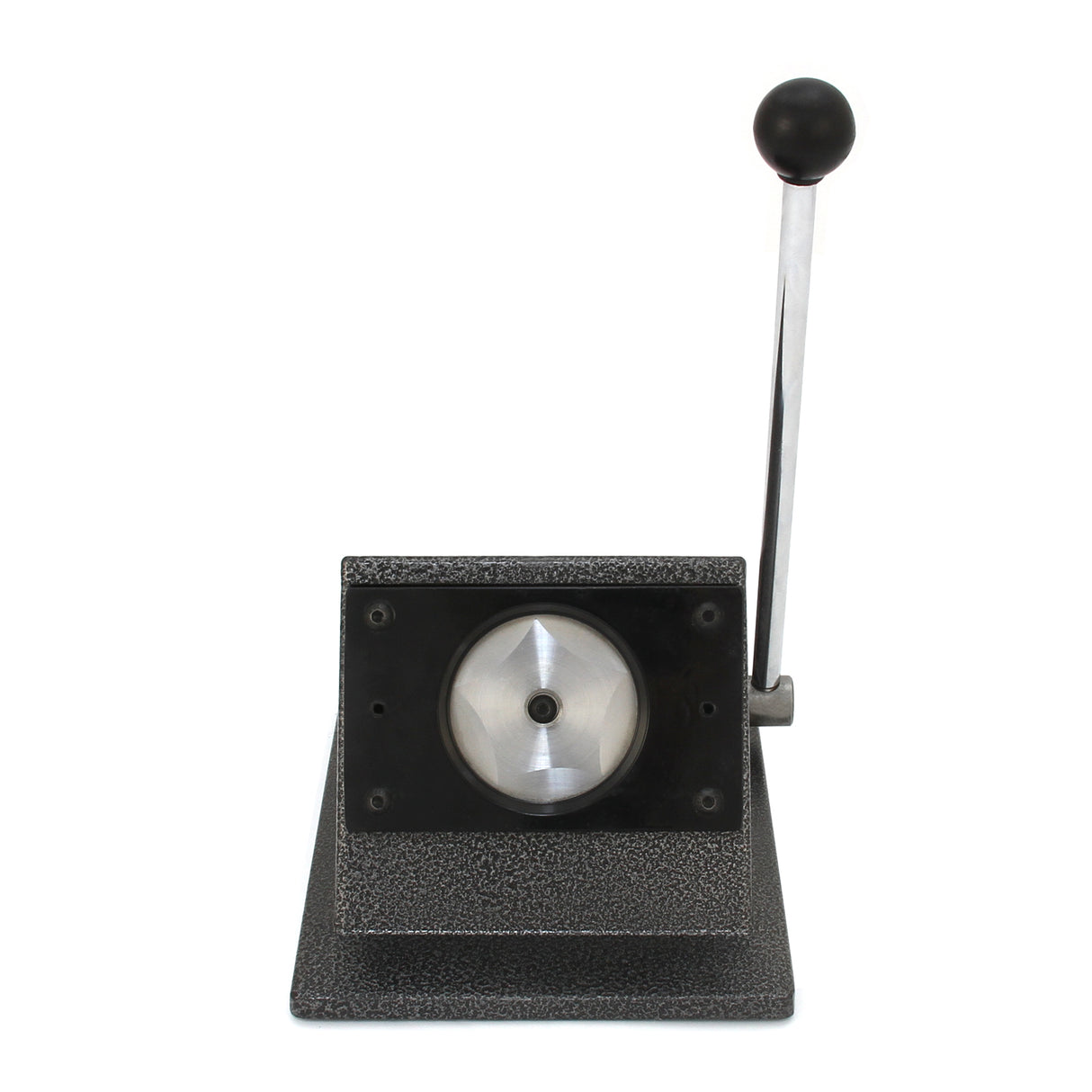 Heavy-duty badge maker with a textured black base, shiny silver circular press, and a long lever for easy operation