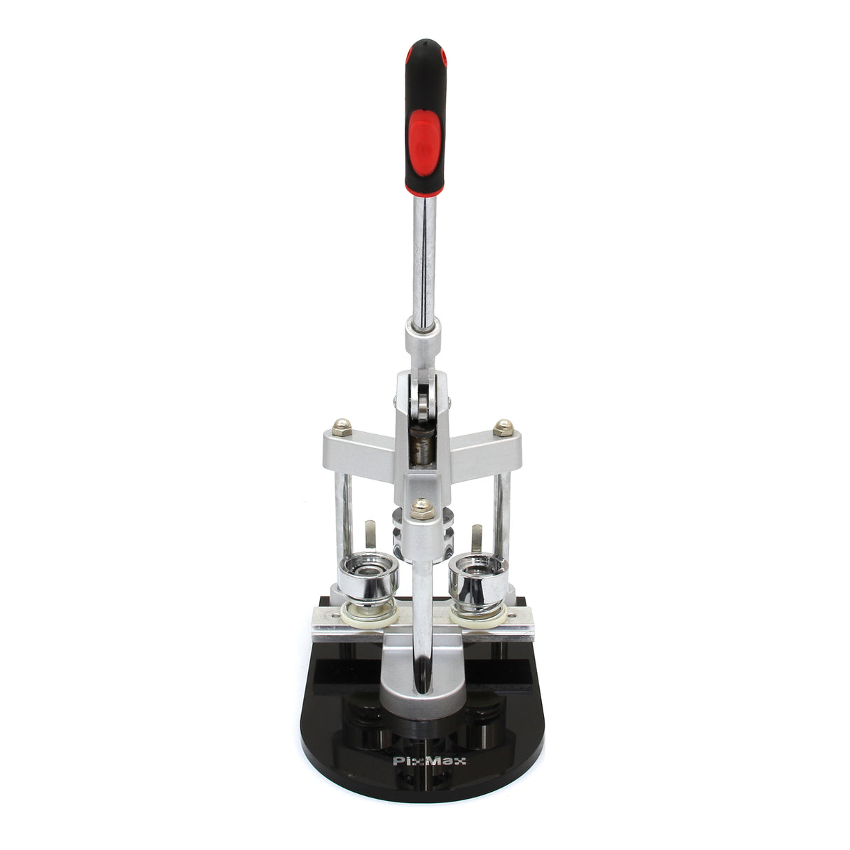 Heavy-duty badge maker with a sleek silver and black design, featuring a sturdy handle and circular molds for crafting custom badges