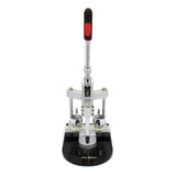 Heavy-duty badge maker with a sleek silver and black design, featuring a sturdy handle and circular molds for crafting custom badges