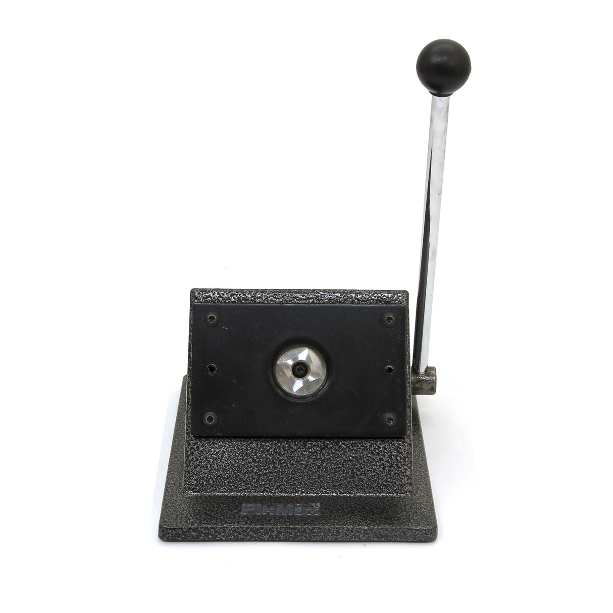 Heavy-duty badge maker with a textured black base, silver lever, and circular cutting mechanism for crafting custom badges