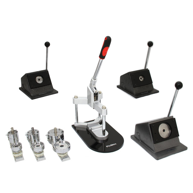 PixMax Badge Making Bundle featuring a sturdy metal press, multiple badge molds, and durable bases for crafting custom badges