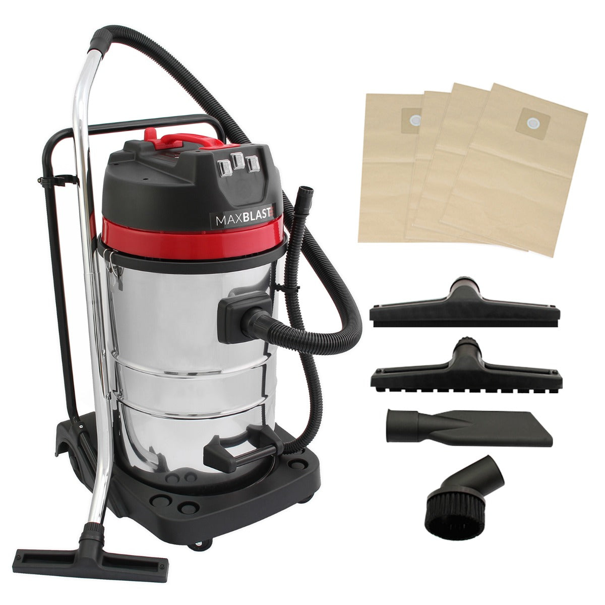 80L Industrial Vacuum, 4 Attachments & 4 Hoover Bags