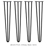 4 x 28" Hairpin Legs - 3 Prong - 12mm - Black