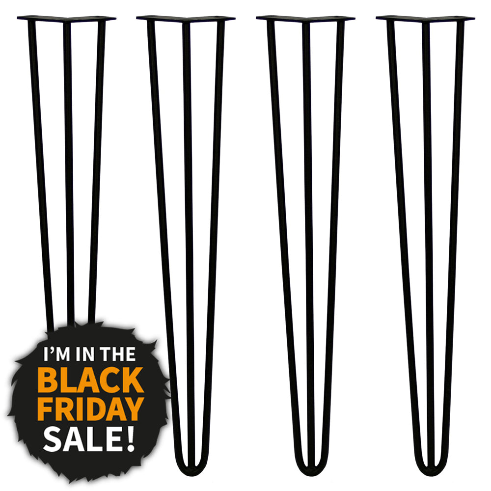 4 x 28" Hairpin Legs - 3 Prong - 12mm - Black