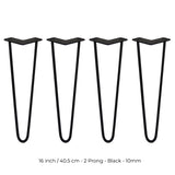 4 x 16" Hairpin Legs - 2 Prong - 10mm - Black