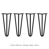 4 x 12" Hairpin Legs - 3 Prong - 12mm - Black