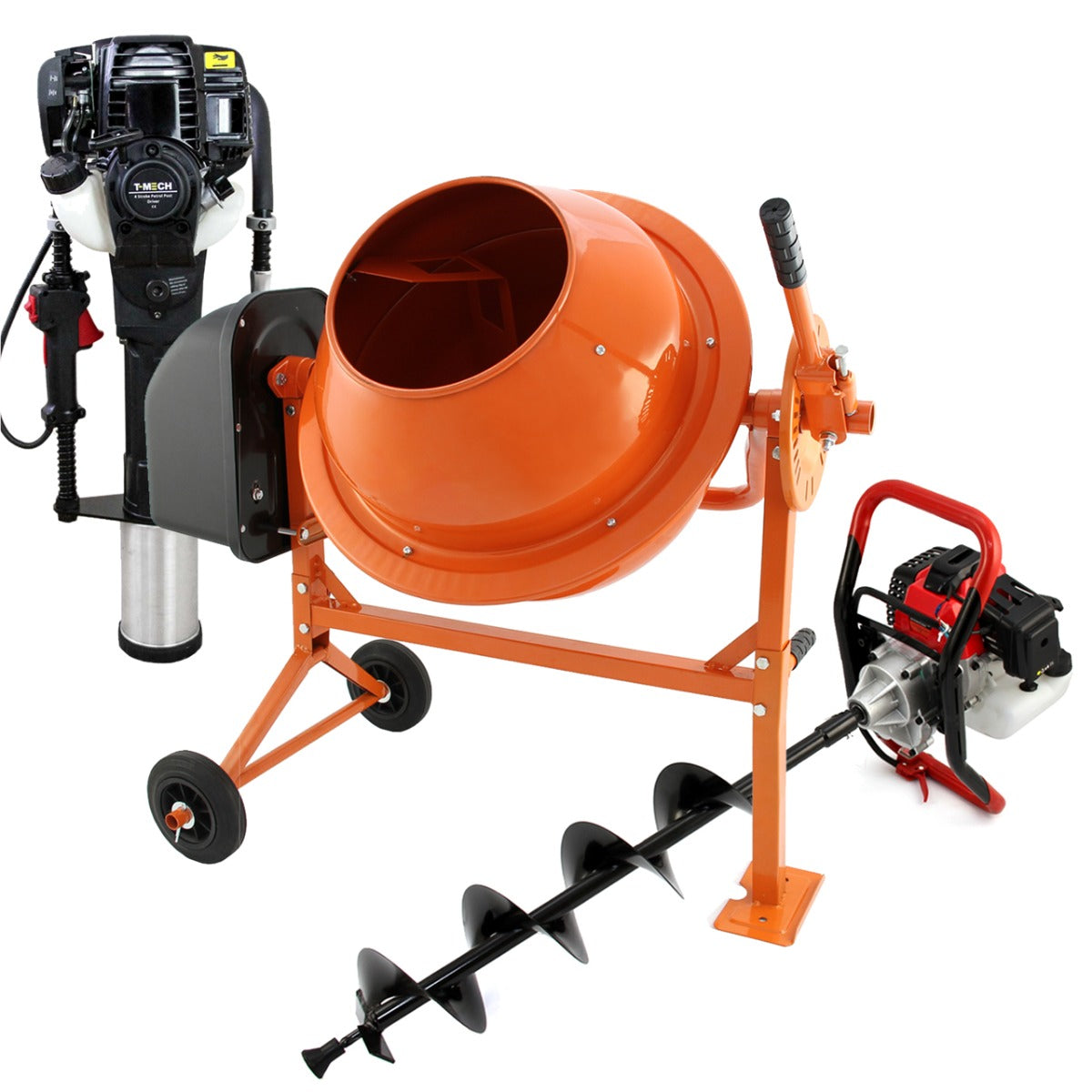 T-Mech Earth Auger, Cement Mixer and 4 Stroke Post Driver