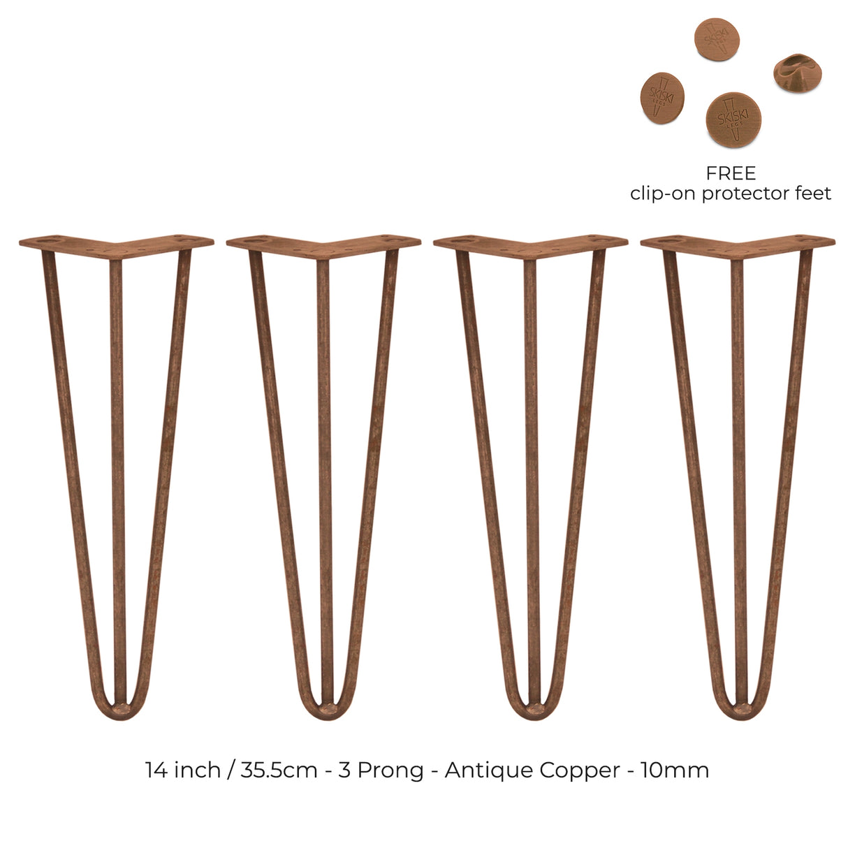 4 x 14" Hairpin Legs - 3 Prong - 10mm - Antique Copper