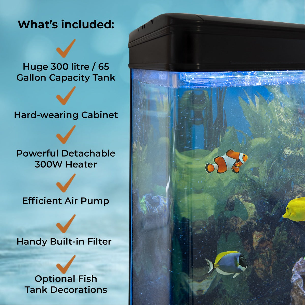 Aquarium Fish Tank & Cabinet with Complete Starter Kit - Black Tank & Blue Gravel