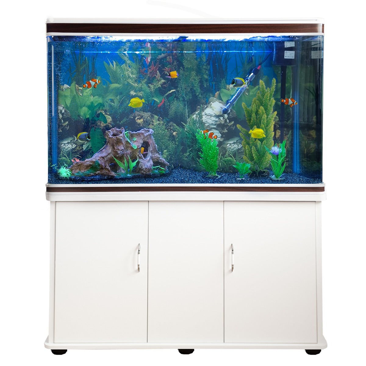 Aquarium Fish Tank &amp; Cabinet with Complete Starter Kit - White Tank &amp; Blue Gravel