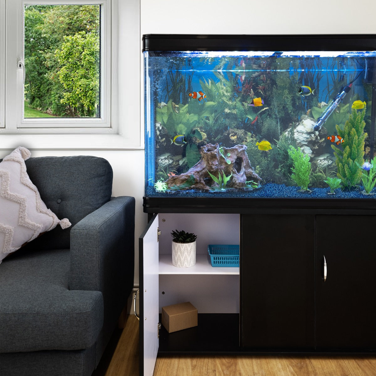 Aquarium Fish Tank & Cabinet with Complete Starter Kit - Black Tank & Blue Gravel